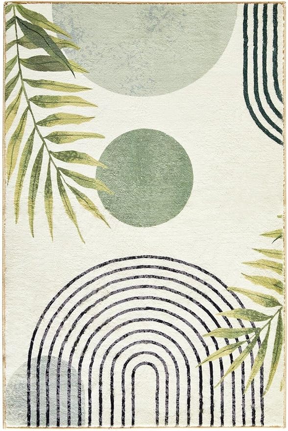 RoomTalks Boho Green Cute Bathroom Rugs Bath Mat Non Slip Washable, Modern Abstract Geometric Shape with Tropical Leaves 2x3 Small Area Rug for Bedroom Kitchen Entryway Indoor Doormat Stain Resistant