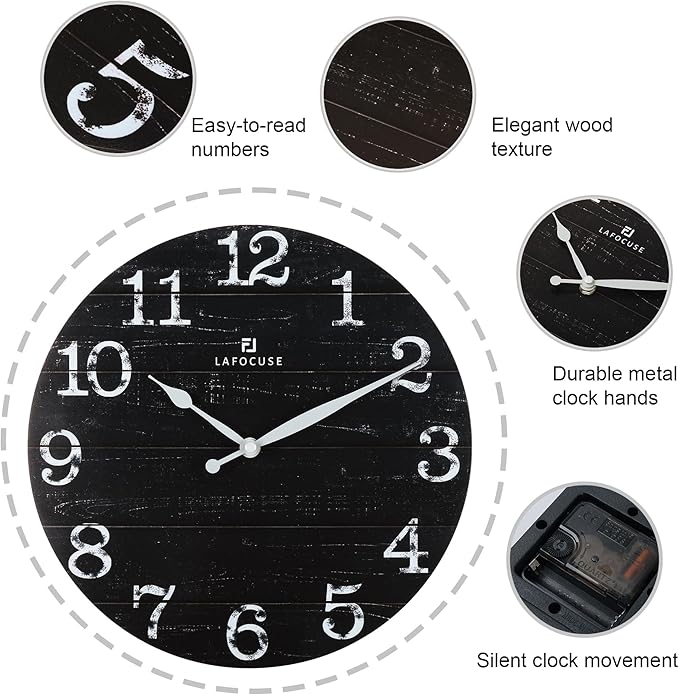 Lafocuse 12 Inch Silent Black Wall Clocks for Kitchen Living Room Decor, Wooden Rustic Wall Clock Battery Operated, Decorative Farmhouse Clock