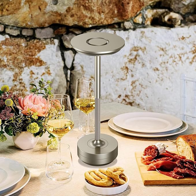 Cordless Table Lamp, Portable Rechargeable LED Battery Powered Touch Metal Table Light, 3 Color Stepless Dimming Modern Table Lamp, for Bedroom/Home/Restaurant/Outdoor.(Silver)
