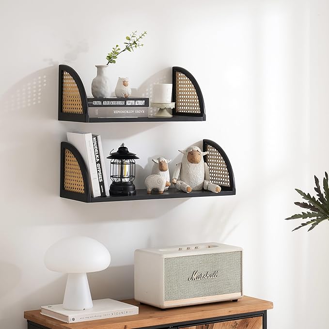 Floating Shelves for Wall,Rattan Wall Mounted Shelves for Wall Decor,Sturdy Wood Bathroom Shelves for Kitchen,Bedroom,Living Room,24.8 * 7.68 inch,Set of 2,Black