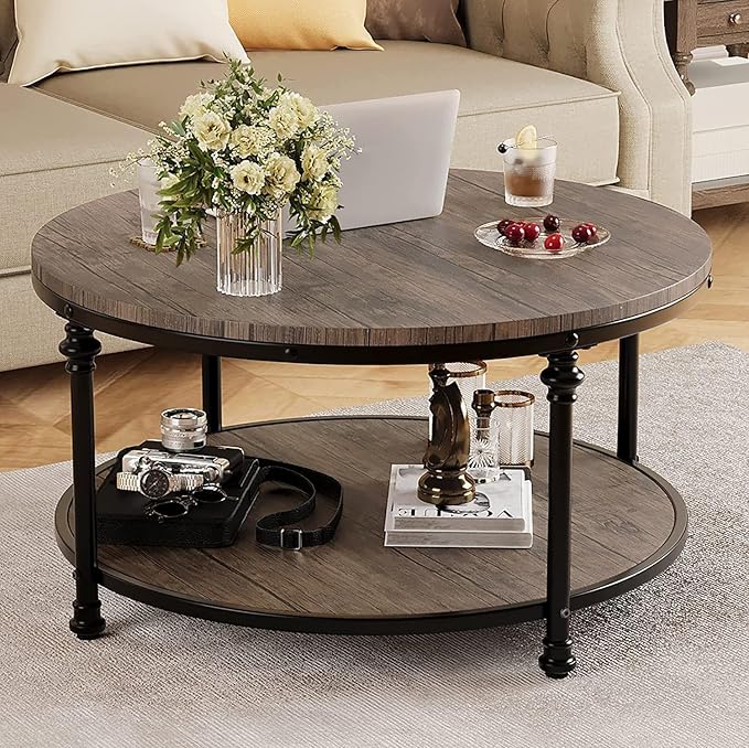 IDEALHOUSE Round Coffee Table for Living Room Rustic Center Table with Storage Shelf Wood Circle Coffee Table with Sturdy Metal Legs, Easy Assembly