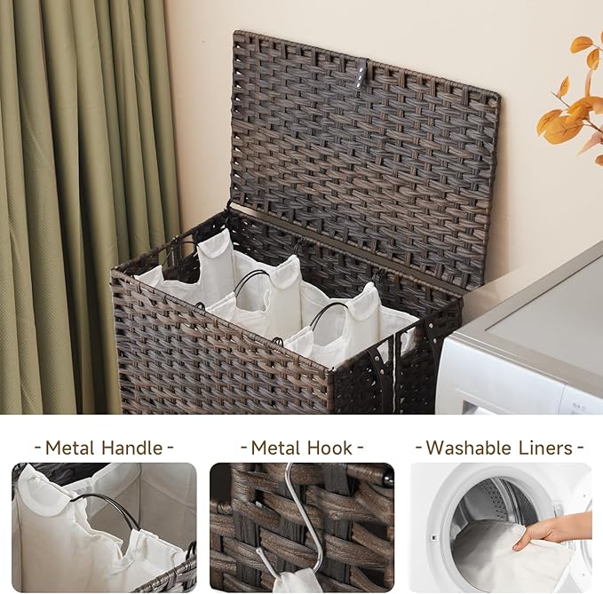 Laundry Hamper with Wheels, 39.6 Gallon(150L) Rolling Laundry Basket with Lid, 3-Section Rattan Clothes Hamper with 3 Removable Liner & 3 Mesh Bags, Laundry Sorter with Side Pocket, Brown