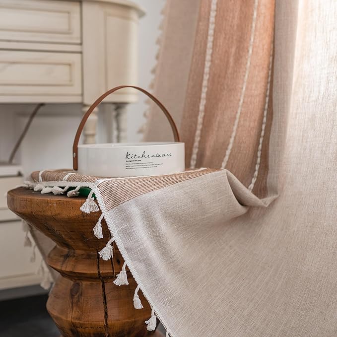 Sutuo Home Boho Curtains 72 inch for Kitchen Nursery Room, Semi Blackout Linen Farmhouse Tassels Window Treatment Vintage Bohemian Embroidery Drape, Rod Pocket 1 Panel 52" W x 72" L, Coffee Linen