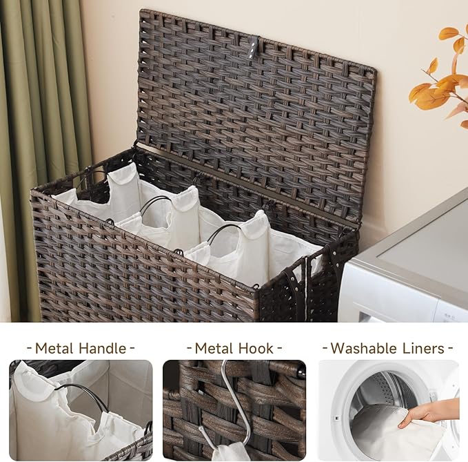 Laundry Hamper with Wheels, 52.8 Gallon(200L) Rolling Laundry Basket with Lid, 3-Section Rattan Clothes Hamper with 3 Removable Liner & 3 Mesh Bags, Laundry Sorter with Side Pocket, Brown
