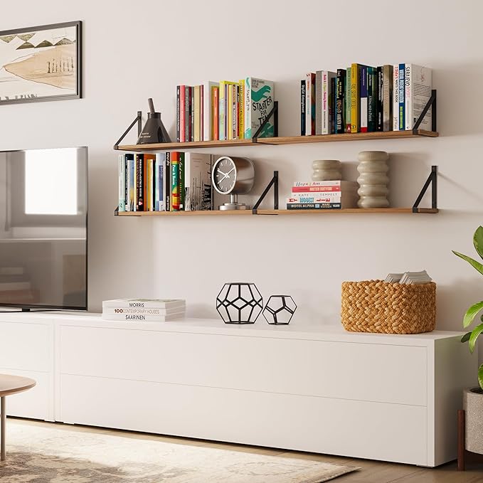 Wallniture Bora 54"x 6" Wall Shelves for Living Room, Bookshelves Wall Mounted, Wood Floating Shelves, Burnt, Wood, Set of 2