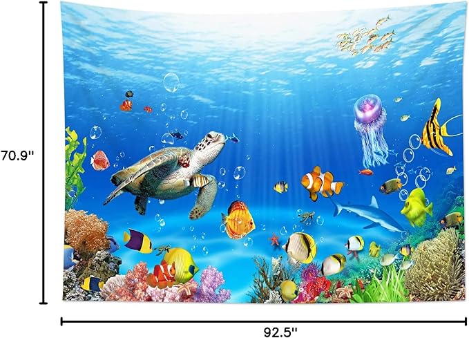 HVEST Blue Ocean Sea Turtle Tapestry Wall Hanging Tropical Fish Jellyfish and Coral Reef Wall Art Summer Nautical Tapestry for Kids Bedroom Living Room Dorm Wall Decor,92.5Wx70.9H inches