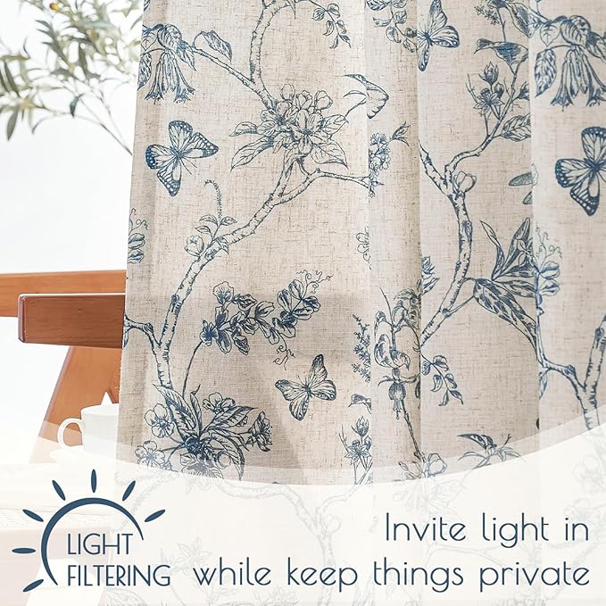 Lazzzy Farmhouse Linen Blue Floral Curtains 96 Inch Long Back Tab Drapes for Living Room Bedroom Light Filtering Country Vintage Rod Pocket, 2 Panels, Blue on Beige