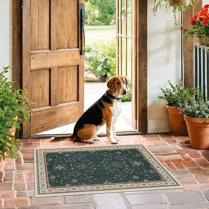 Dark Green 2x3 Door Mat Indoor Entrance Rug - Small Throw Area Rugs for Entryway, Kitchen, Bathroom, Bedroom, Laundry Room - Vintage Boho Eclectic Floral, Washable Low Pile Non-Slip