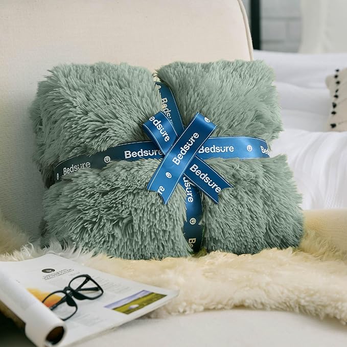 Bedsure Fluffy Sage Green King Size Blanket for Bed, Thick Soft Sherpa Faux Fur Fleece Bedding Fuzzy Plush Winter Warm Heavy Oversize Big Large King Blanket, Cozy Green Gifts for Men Women, 108x90