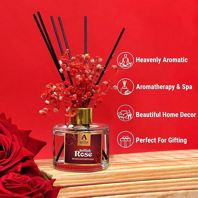 The Aroma Factory Fragrance Reed Diffuser Set with Natural Essential Oil, Aroma Sticks & Real Preserved Flowers | Luxury Home Decor Scent (British Rose, 1 Pack)