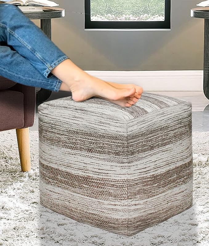 COTTON CRAFT Handwoven Stripe Dhurrie Pouf - Ottoman Foot Stool Bean Bag - Dorm Bedroom Home Décor - Accent Seating - Boho Modern Comfortable Prefilled Cotton Pouf Footrest - 16 inch Square - Grey
