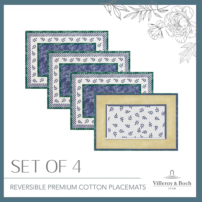 Villeroy and Boch Switch 3 Reversible Cotton Bordered Placemats, 14 Inches by 20 Inches, Set of 4