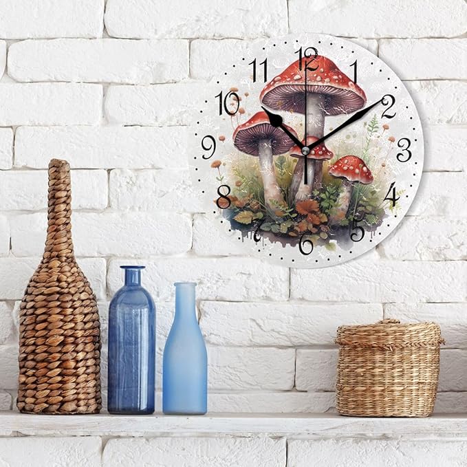 ALAZA Wall Clock Red Mushrooms Silent Non-Ticking Decorative Wall Clocks Battery Operated 10 Inch for Home Living Room Kitchen Bathroom Bedroom