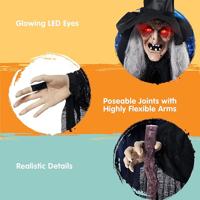 JOYIN 72" Outdoor Halloween Decorations Animatronics Witch with Cane, Life Size Animated Ghost Haunted House Prop Décor with Creepy Sound and Light-up Eyes, Party Supplies