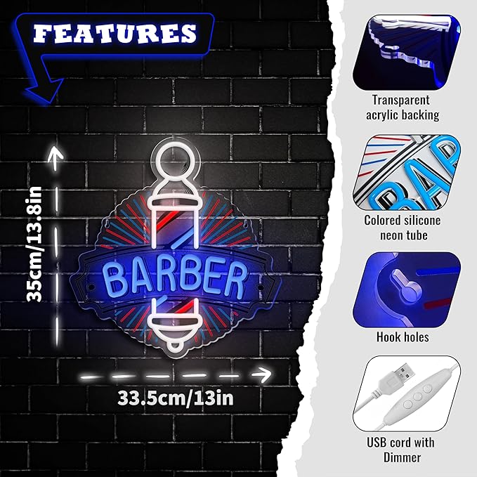 Barber Neon Sign for Barber Shops Hair Salon Decor Barber Shop LED Signs Neon Lights Business Logo Light up USB Powered Business Logo Wall Art Signs for Hair Beauty Salon Store Man Cave Pub Gift