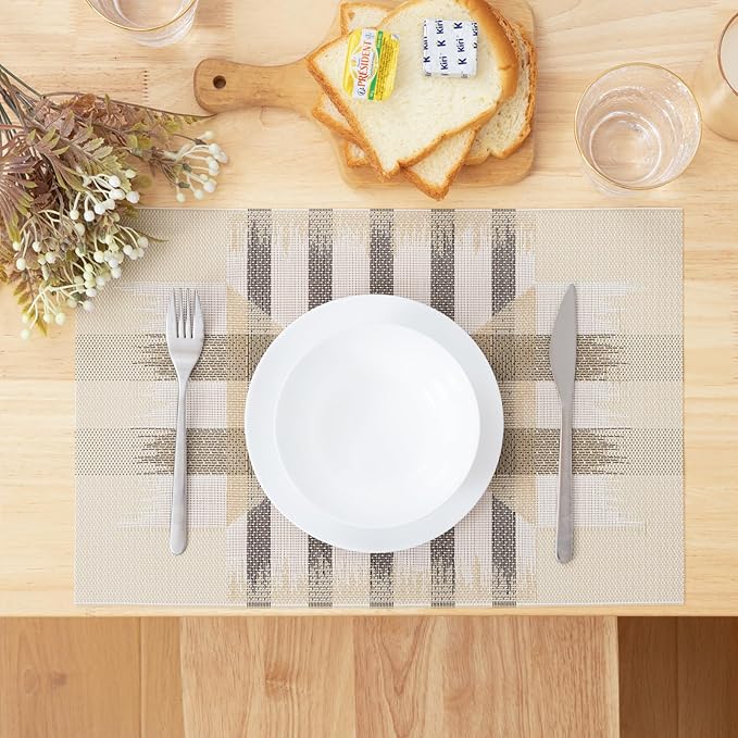 Winknowl Placemats Set of 4, Heat Resistant Stain Resistant Woven Vinyl Insulation Place mats, Durable Washable Elegant Table Mats for Kitchen Dining Table Decor (Geometric Beige)