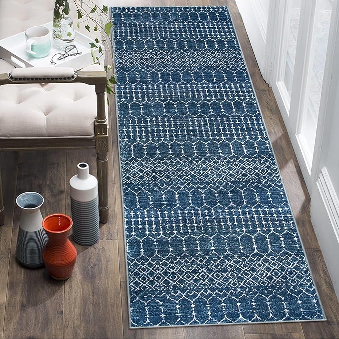Lahome Moroccan Blue Runner Rug - 2x6 Rug Non-Slip Stain Resistant Kitchen Rug Runner Low-Profile Washable Hallway Runners, Geometric Print Distressed Carpet for Entryway Bathroom Laundry Room