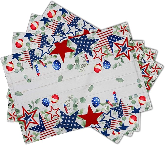4th of July Placemats Set of 4 Patriotic America Flag Stars Rectangle Table Mats 12x18 Inch Country Rustic Holiday Kitchen Dining Home Outdoor Party Table Decoration