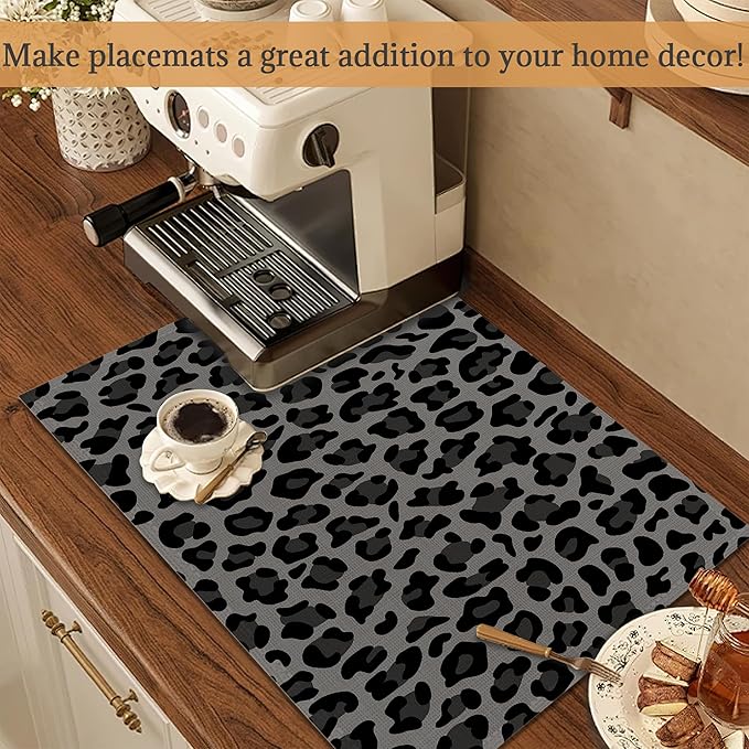 Gray and Black Leopard Placemats Set of 6 Washable Table Mats for Kitchen Dining Table,Heat-Resistant Place Mats for Indoor Outdoor Party Holiday Decoration
