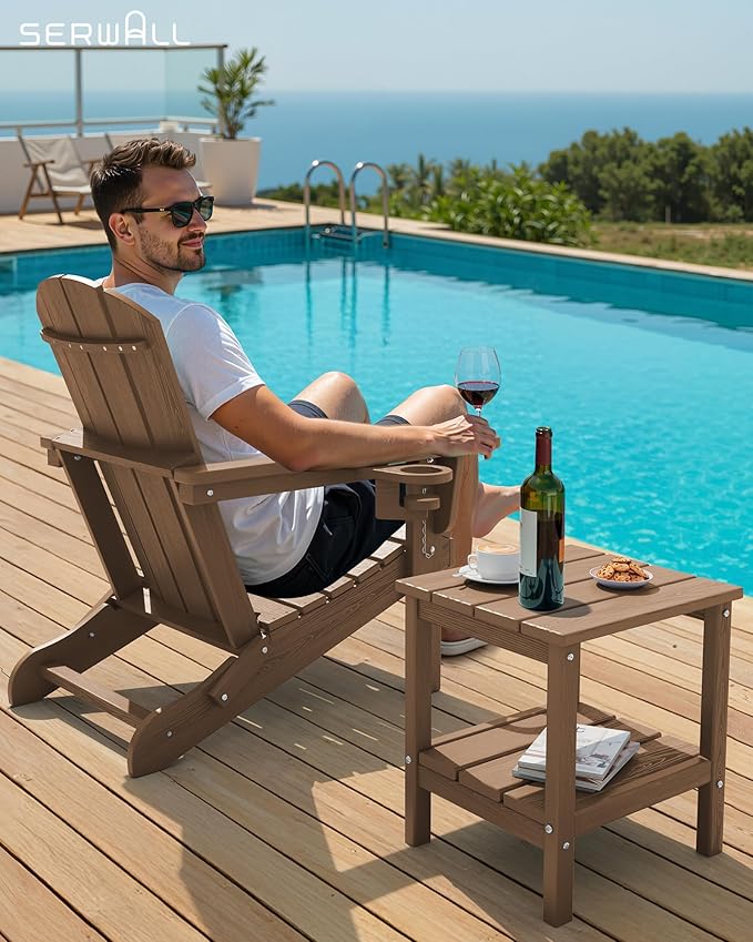 SERWALL 2-Tier HDPE Outdoor Side Table, Weatherproof Rectangular Adirondack Side Table, Brown