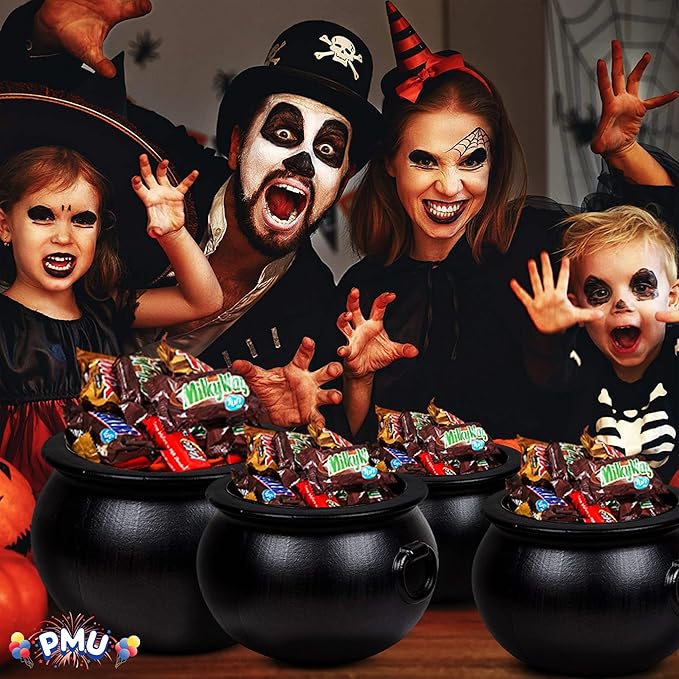 PMU 4pc Halloween Cauldron - Multi-Pack Assortment Plastic Candy Holder for Kids - Halloween Party Favors & Supplies - Black - (1) 16" 20115, (3) 8" 55280 (Handles not included)