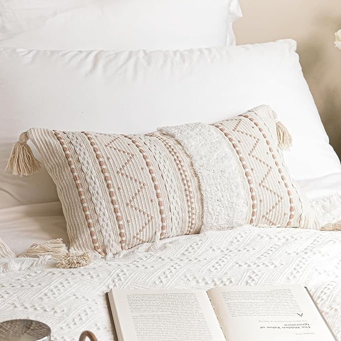 Decorative Lumbar Throw Pillow Cover 12x20 Cream Neutral White Rectangular Boho Accent Pillowcase Farmhouse Cushion for Couch Sofa Bedroom Living Home Décor (Cover ONLY, Pack of 1)