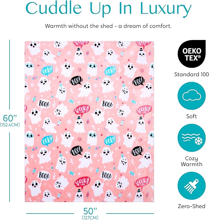 Joiedomi Halloween Throw Blanket - Soft Plush Pink Ghost Blanket - Cozy Flannel Decoration for Party, Sofa, Bed, Living Room 50"x60"
