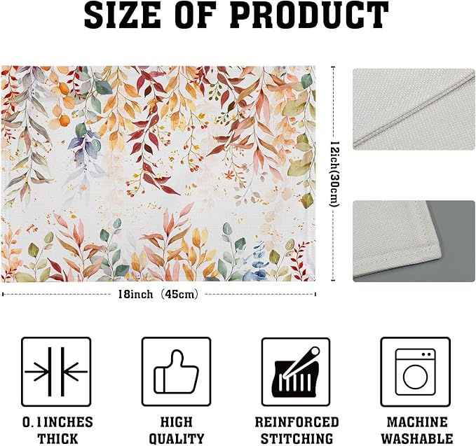 Fall Eucalyptus Leaf Table Placemats Set of 4, Colorful Leaves Heat-Resistant Tabletop Place Mats 12x18 Inch Autumn Seasonal Outdoor Table Mats Decorations for Party Dining Kitchen