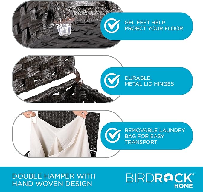 BIRDROCK HOME Laundry Hamper with Lid - Hand Woven PE Rattan Divided Sorter with Removable Liner Bags - Large Collapsible & Foldable Bin Clothes Basket Organizer for Bedroom & Bathroom - Double, Brown