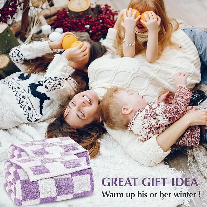 WRENSONGE Checkered Throw Blanket, Purple Soft Cozy Fluffy Warm Hand Made Throw Blankets for Couch, Sofa, Chair, Bed, Camping, Picnic, Travel Lightweight Bed Blanket - 60"*80"