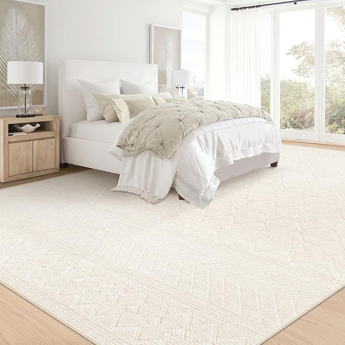 8x10 Area Rug Living Room: Washable Boho Geometric Moroccan Rug Neutral Modern Farmhouse Indoor Soft Non Slip Ultra Thin Large Printed Pattern Carpet for Bedroom Home Office (Beige, 8'x10')