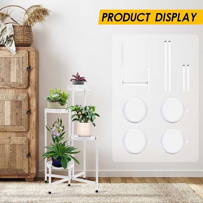4 Tier Plant Stand Indoor Outdoor, 31 Inch Tall Metal Plant Shelf Waterproof, Plant Holder with Folding Design For Home, Living Room, White