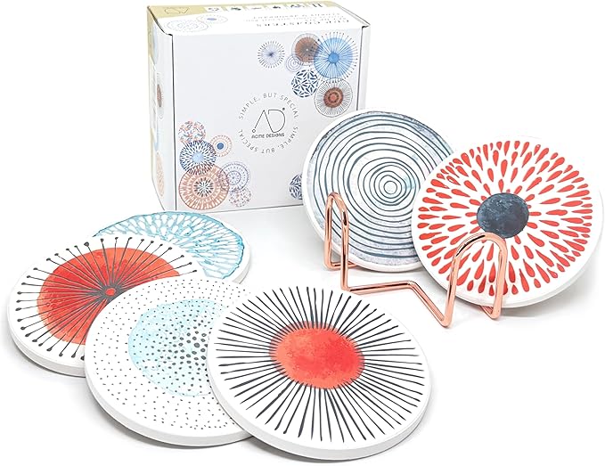 AD Set of 6 Coasters for Drinks Absorbing Round Ceramic Stone Coaster with Cork Base Tabletop Protection Mat for Mugs and Cups,Office,Kitchen (Colorful with Rose Gold Holder)