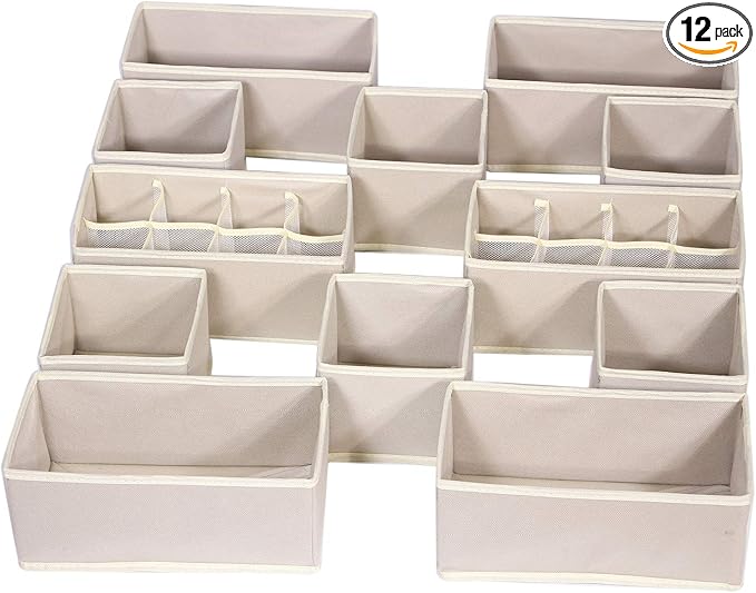 12 Pack Foldable Drawer Organizer Dividers Cloth Storage Box Closet Dresser Organizer Cube Fabric Containers Basket Bins for Underwear Bras Socks Panties Lingeries Nursery Baby Clothes Beige NN246