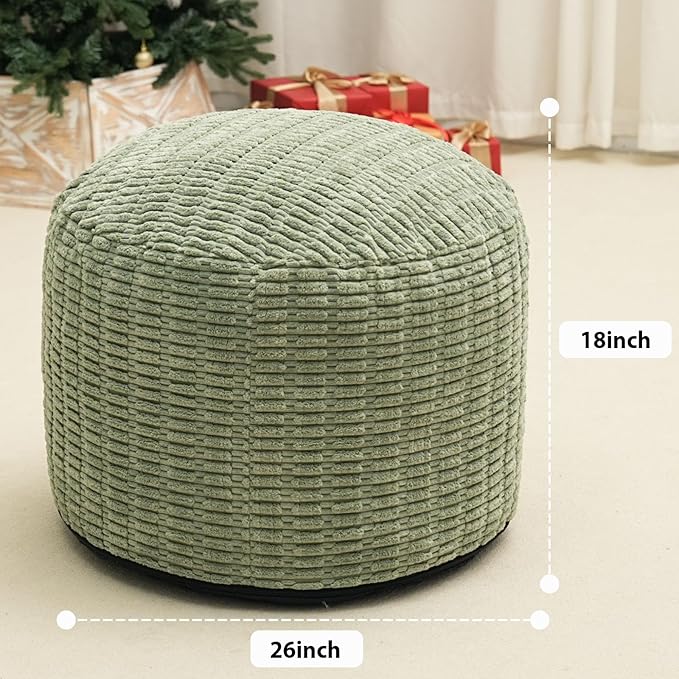 Round Stuffed Pouf Ottoman for Foot Rest, Storage Ottoman Pouf Foot Stool Cushion, Faux Fur Poufs with Foam Chunk Filling, 26 X 18 Inch Floor Chair for Living Room Bedroom Home Decor, Green