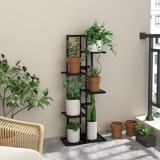 Laiensia 5 Tier Bamboo Plant Stand Rack 6 Potted Multiple Flower Pot Holder Shelf, Indoor&Outdoor Planter Display Shelves for Patio Garden, Living Room, Corner Balcony and Bedroom,Black