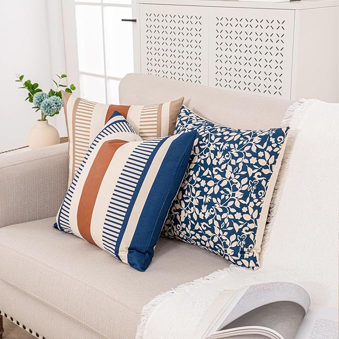 Farmhouse Stripe Pillow Cover 18x18 Boho Accent Cushion Case Faux Leather Decorative Pillowcase,Navy Blue and Beige (Cover ONLY, Pack of 1)