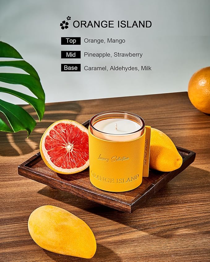 M&SENSE Soy Candles for Home Scented, Orange Island Scented 7.4oz 40 Hours Long Lasting, Natural Aromatic Jar Candle for Spa Bathroom Bedroom, Leather Wrapped Luxury Candle Gifts for Men & Women