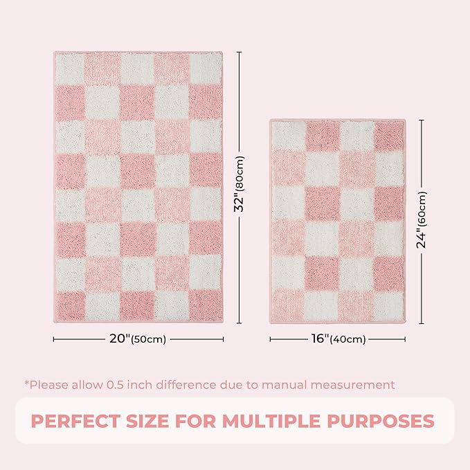 GRANNY SAYS Checkered Pink Bathroom Rugs,32" x 20",Fluffy Rug, Absorbent Microfiber Ultra Soft Bath Mat Washable, Non-Slip Bath Mats for Bathroom, Cute Floor Mat for Tub, Shower, Bedroom