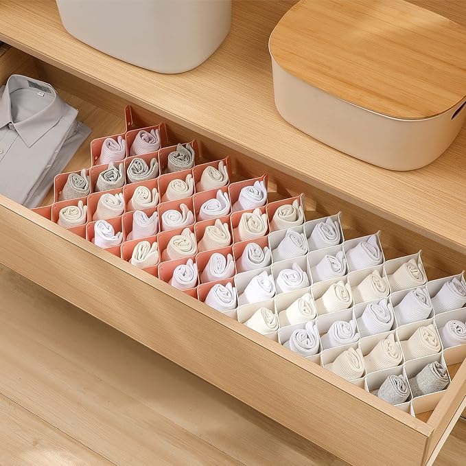 ROUFA Sock Drawer Organizer for Dresser, Honeycomb Underwear Dividers for Women, Panty Separator for Bras, Socks, Belt and Leggings (24pcs.Pink)