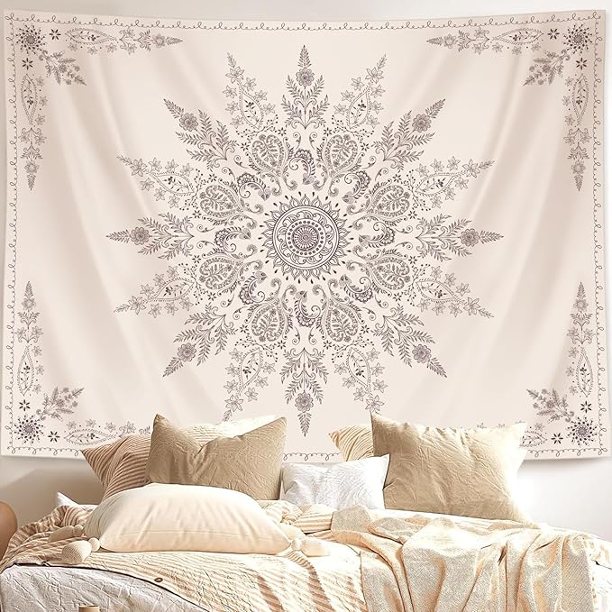 Lunerfex Boho Floral Tapestry Mandala Wall Tapestry, Cute Tapestries for Bedroom Beige Flower Tapestries Wall Hanging for Bedroom Living Room Wall Decor Beige-2 60"x80"