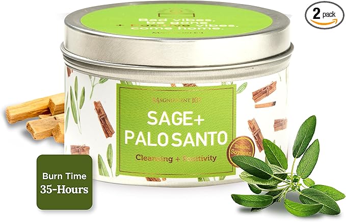 Magnificent 101 Long Lasting Sage + Palo Santo Scented Smudge Candle | 6 Oz - 35 Hour Burn | Soy Wax Candle for House Energy Cleansing & Manifestation | Positive Vibes Only