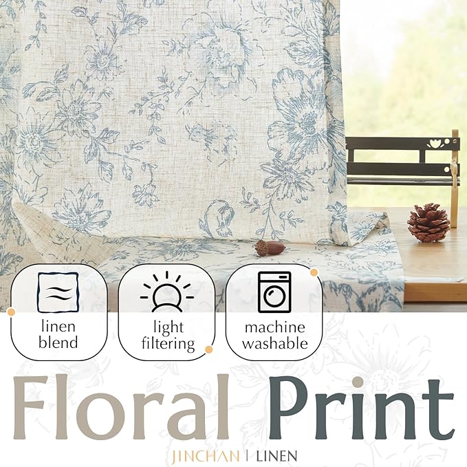 jinchan Linen Floral Curtains Extra Wide for Patio Sliding Glass Door Room Divider Curtain for Living Room 96 Inch Length Farmhouse Peony Blue Printed Curtain Set 1 Panel