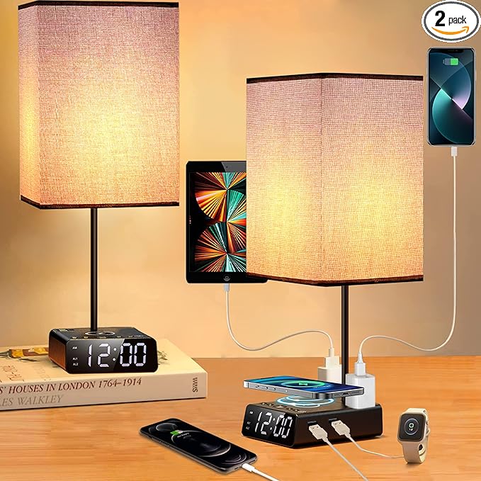 Table Lamps for Bedroom Set of 2 - Touch Bedside Lamp with Wireless Charger & 2 USB Charging Ports & 2 AC Outlets, Alarm Clock Base,Dimmable Nightstand Lamps with Square Fabric Shade for Living Room