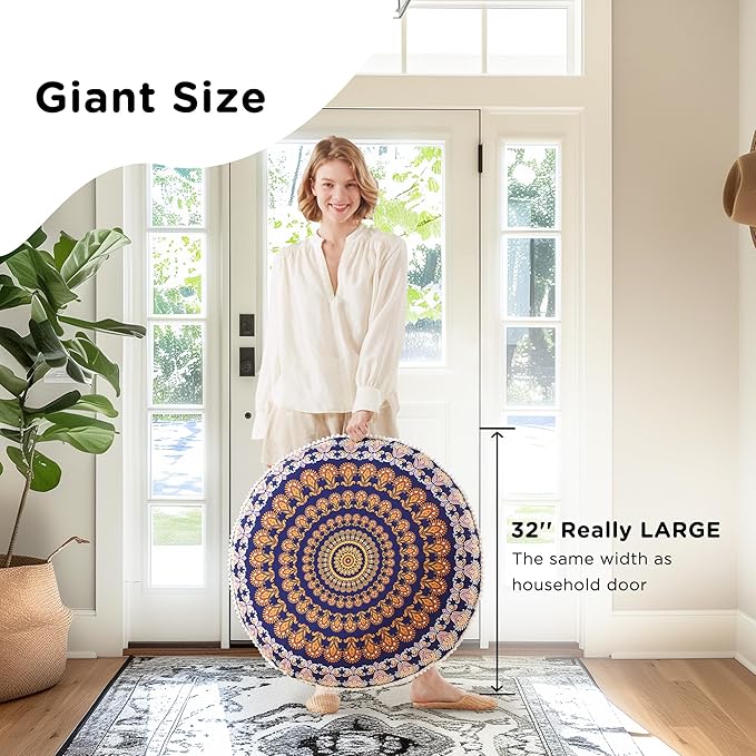 Codi Meditation Floor Pillows, Round Large Pillow Seating for Adults, Bohemian Mandala Circle Floor Cushion for Outdoor Fireplace Yoga Living Room, 32 Inch, Yellow Memory Foam Added
