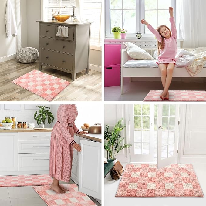 CozeCube Checkered Bath mats Non Slip, Plush Shaggy Bath Rugs for Bathroom Washable, Buffalo Plaid Bath mat, Pink Christmas Bathroom Rugs, Blossom Pink, 47" x 24"