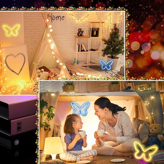 Riakrum 2 Pcs Butterfly Neon Signs LED Light 3AA Battery Powered USB Operated Wall Neon Light Decor Butterfly Wall Art for Christmas Home Bedroom Birthday Party Decor(Blue, Warm White)