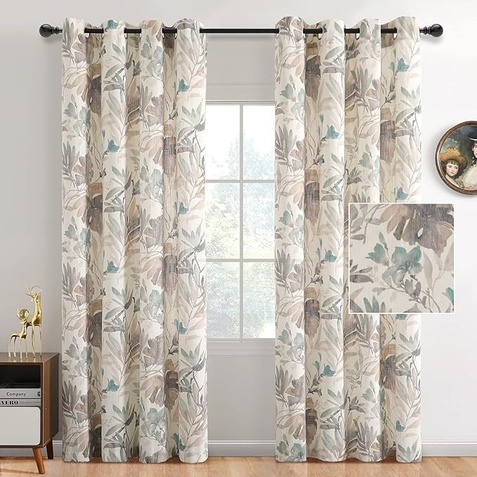 MYSKY HOME Floral Semi Sheer Curtains 108 Inches Long - Light Filtering Drapes for Living Room and Bathroom - Printing Window Treatment With Grommets, 2 Panels, Brown and Natural