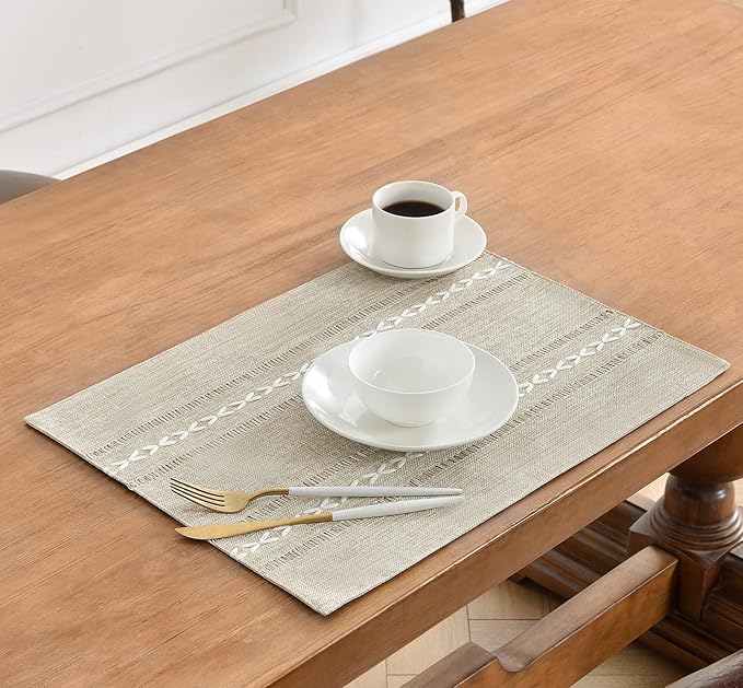 Wracra Cotton Linen Placemats, 12 x 18 Inch Set of 4 Fete Placemats Rustic Hemstitch Place Mats for Kitchen Table and Heat Resistant-Hemstitch Coffee