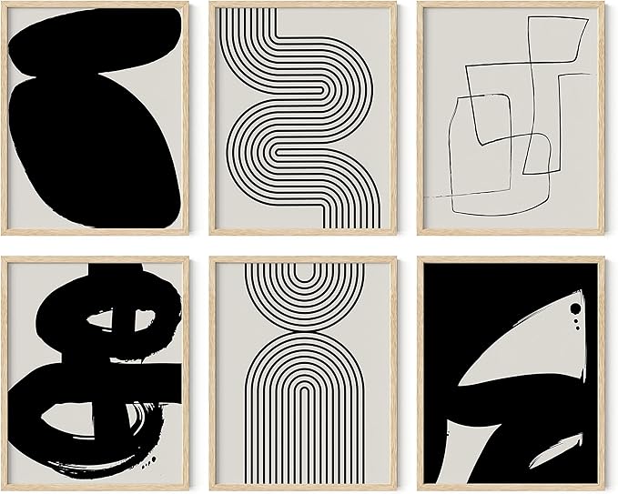 HAUS AND HUES Black Abstract Painting Aesthetic Wall Art- Set of 6 Modern Abstract Wall Art, Black and Gray One Line Abstract Art, Geometric Print Wall Art, Minimalist Wall Art (Beige Frame, 11x14)
